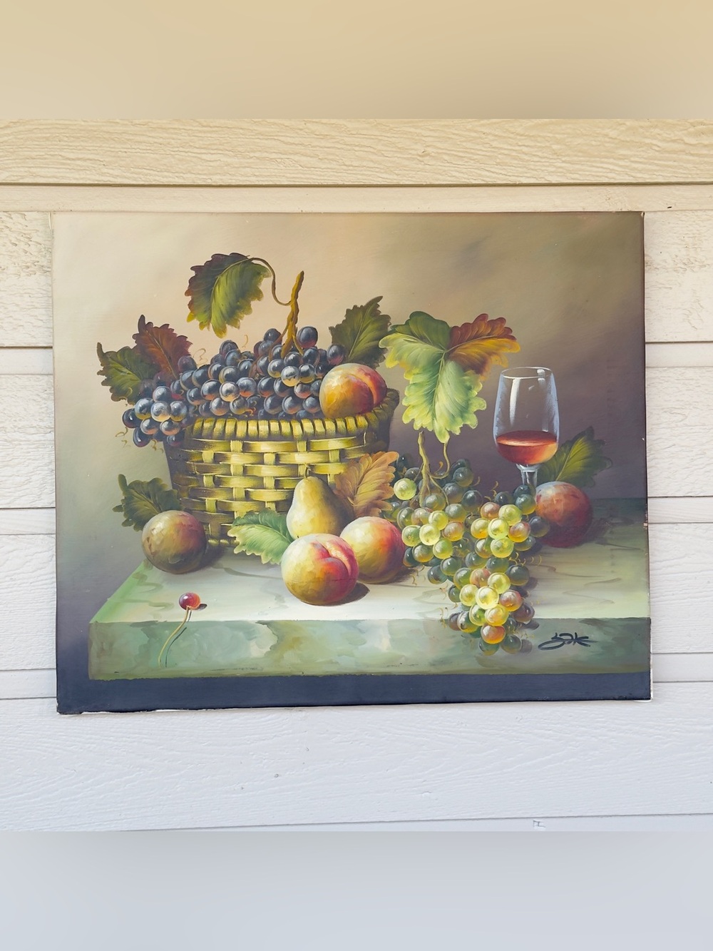 Large Scale Fruit and Wine Still Life Oil on Canvas Painting Signed 24x20”